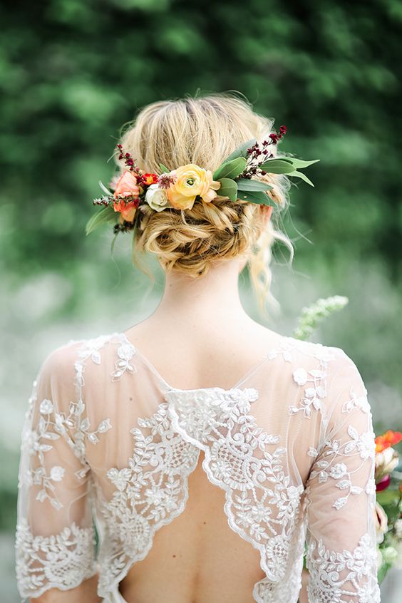 lace wedding dress and boho bridal hair - photo by Kayla Snell