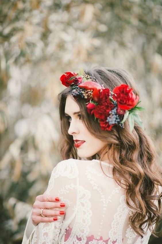 long wedding hairstyle with red flower crown