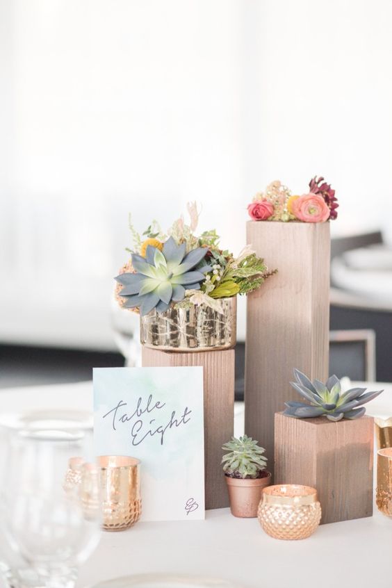 modern table number with gold and rose gold centerpiece