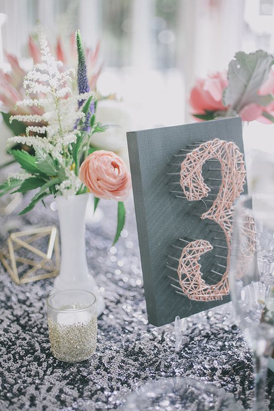 peach boho string art wedding table number Photo by Edyta Szyszlo