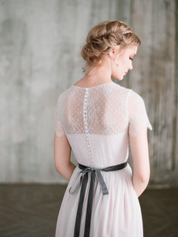 pink short sleeve wedding dress with sheer back