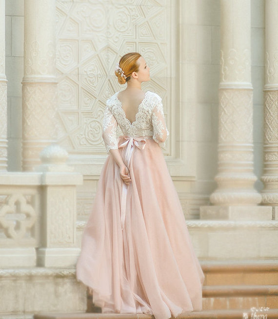 pink tulle long sleeves wedding gown