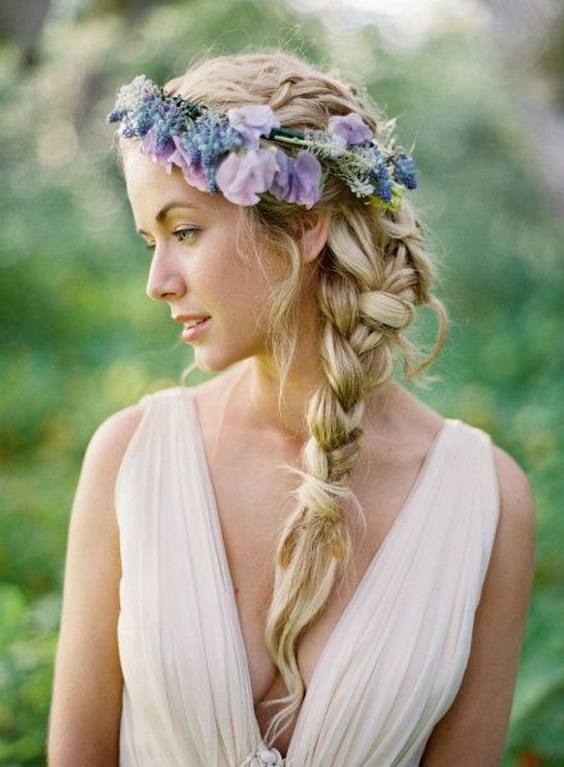 purple flower band wedding hairstyle