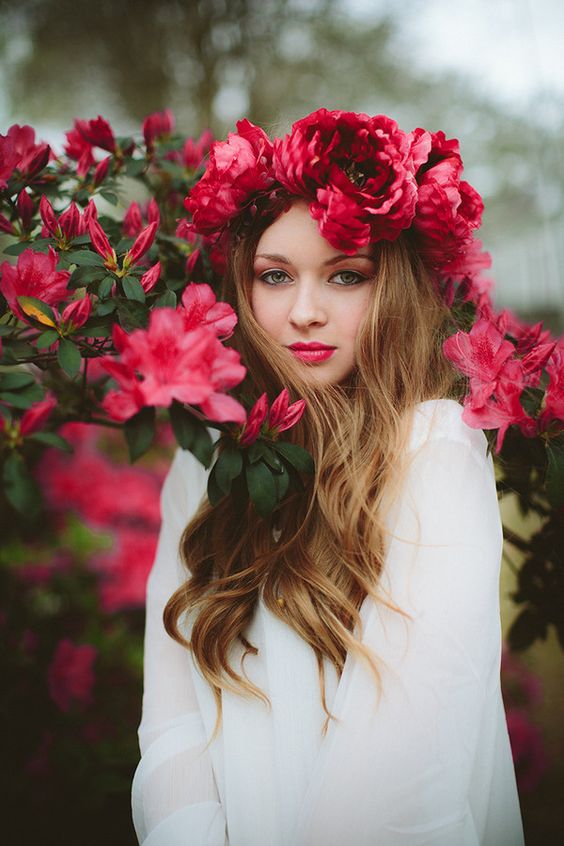 red flower crown bridal hairstyle