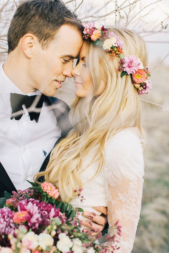 romantic wedding hair with flower crown