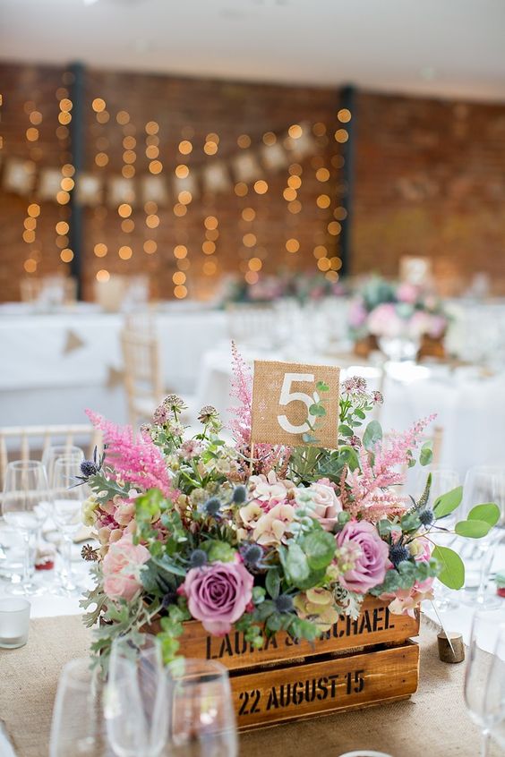 rustic pink flowers wood box wedding centerpiece