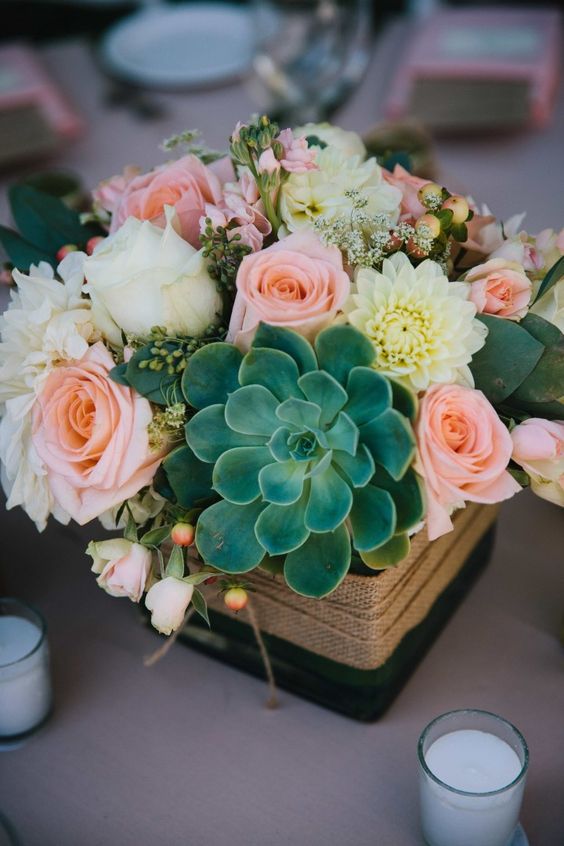 rustic pink roses wedding centerpiece idea via Elle Jae Photography