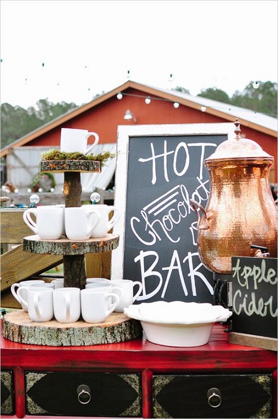 rustic wedding ceremony hot chocolate bar