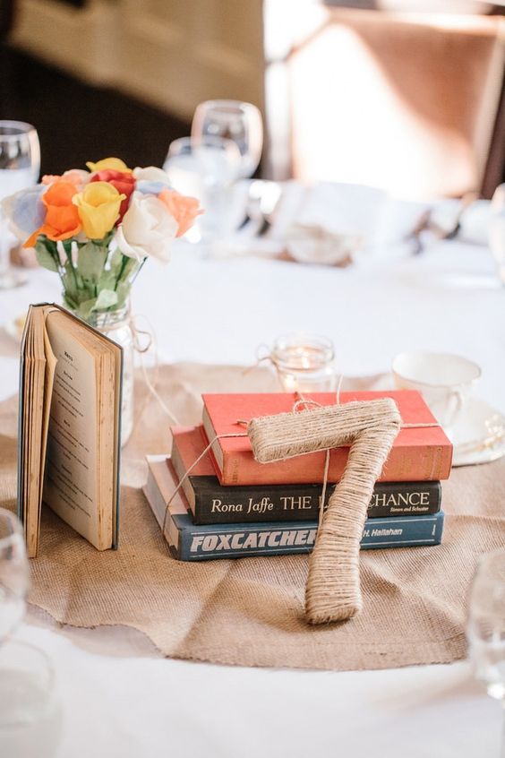 rustic wrapped table numbers for wedding table