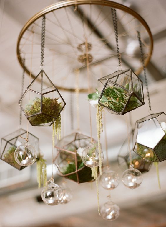 terrariums wedding chandelier decor via Photo by Kate Headley