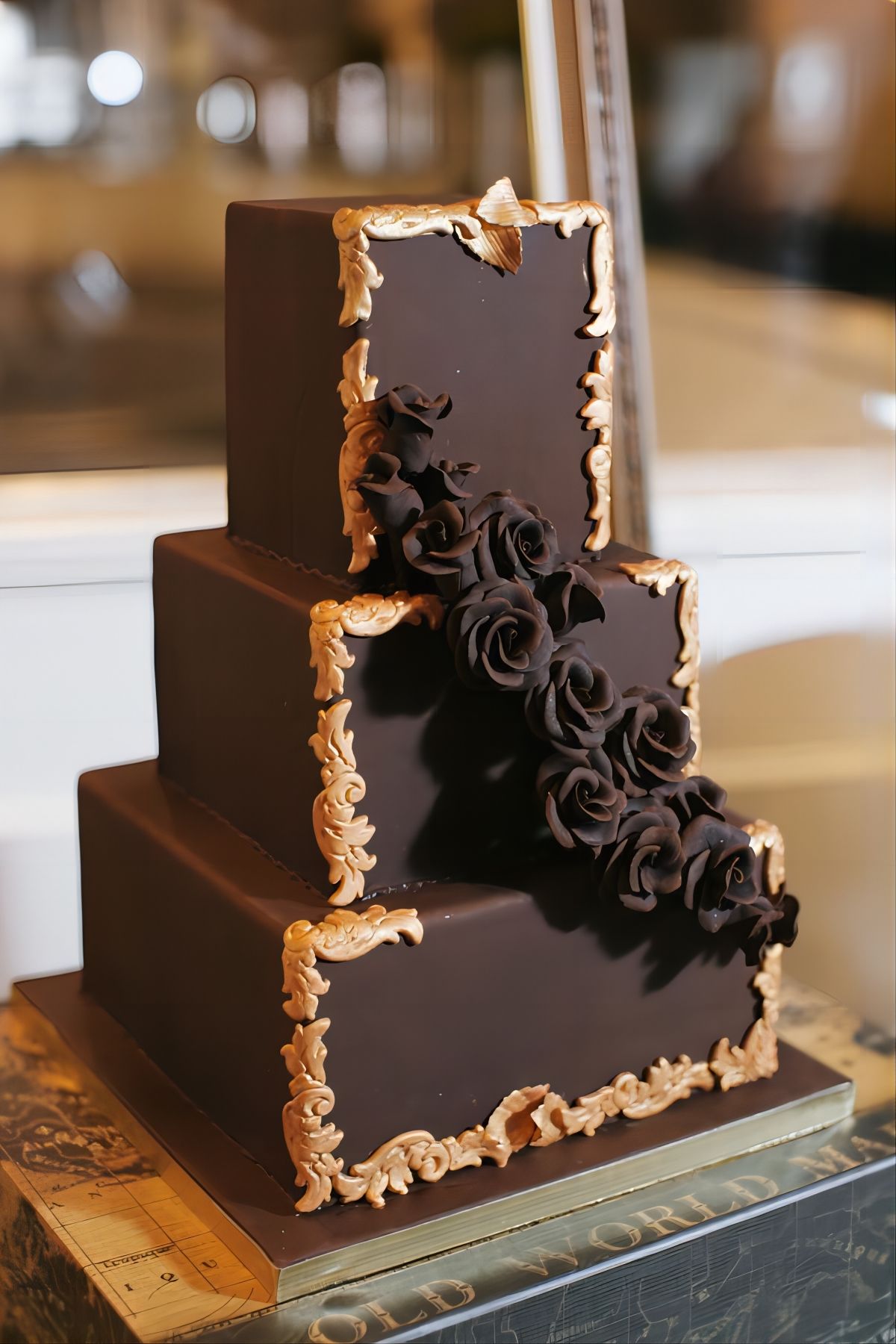 vintage suqare 3 tier chocolate wedding cake