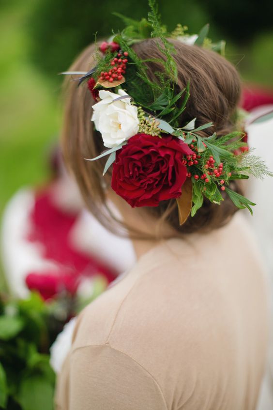 wedding updo with red flower crown via Janeane Marie Photography
