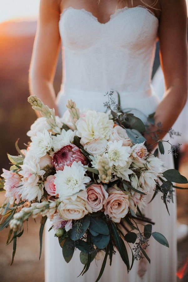 white and dusty roses boho wedding bouquet