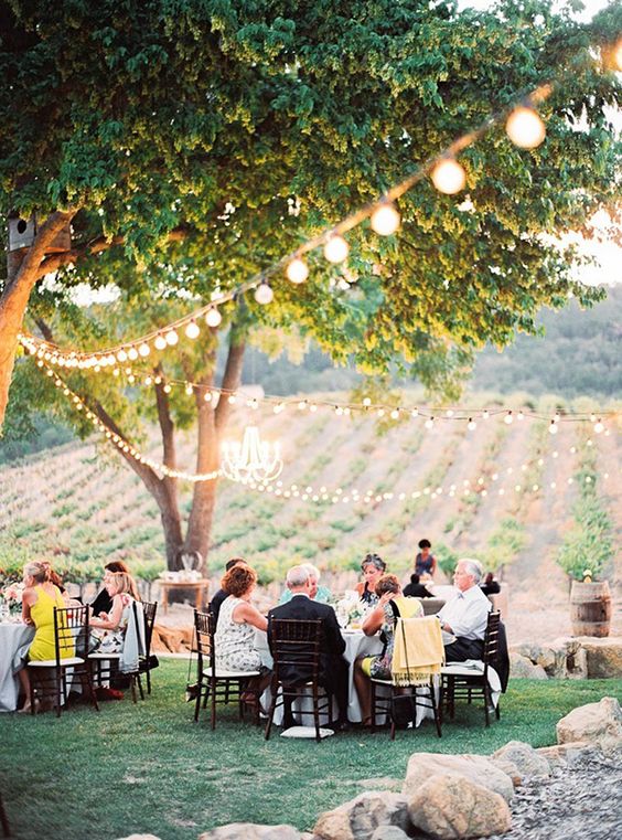 Bistro Lighting over a Romantic Outdoor Wedding Reception