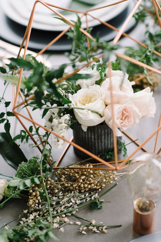 Copper green industrial modern wedding centerpiece via 100 Layer Cake