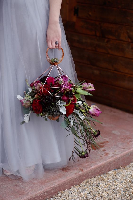 Geometric Bridal Bouquet and Purple Wedding Dress