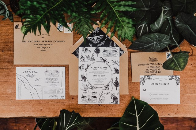Modern Floral Whimsical Letterpress Wedding Invitations