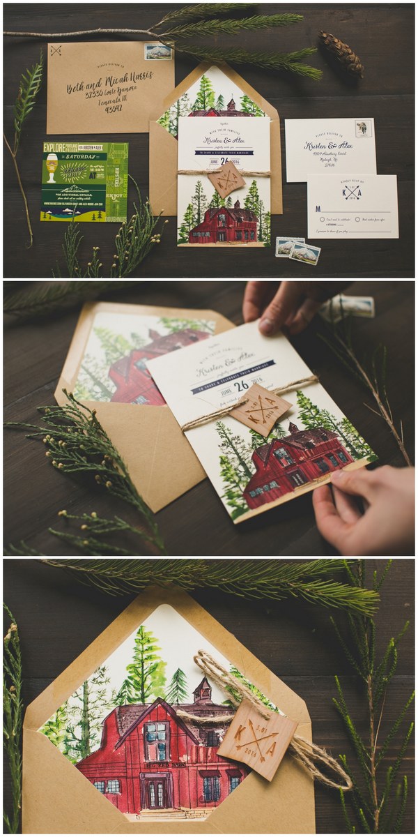 Rustic Watercolor Red Barn and Trees Wedding Invitation
