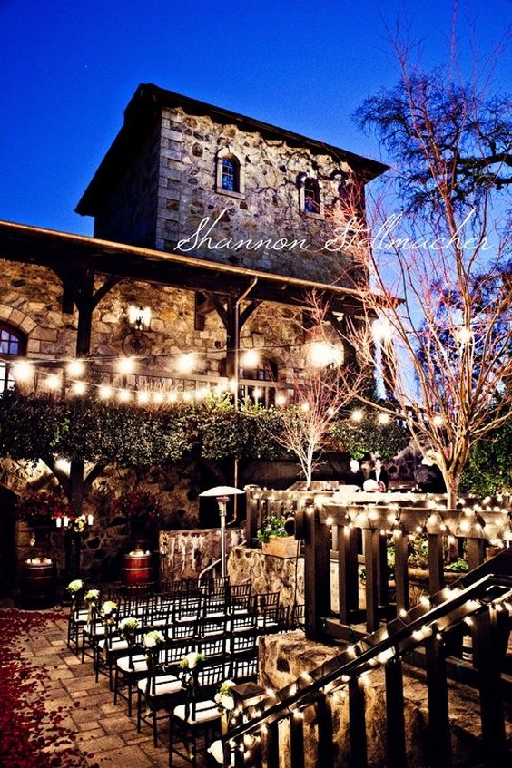 Rustic wedding venue with lights