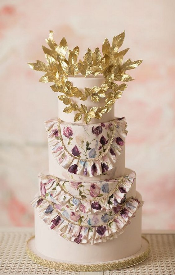 Glamorous purple floral printed wedding cake with gold leaf detail via Nadia & Co