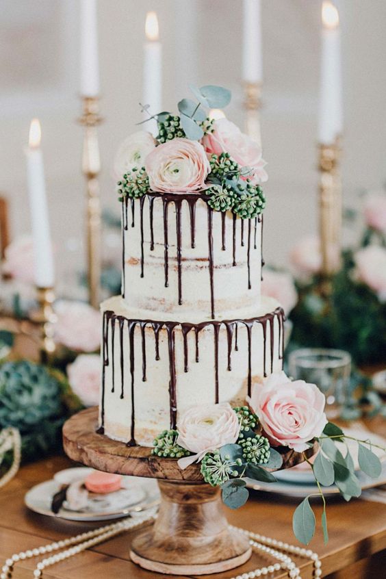 Naked Wedding Cake with Chocolate Drip and Rose Detailing