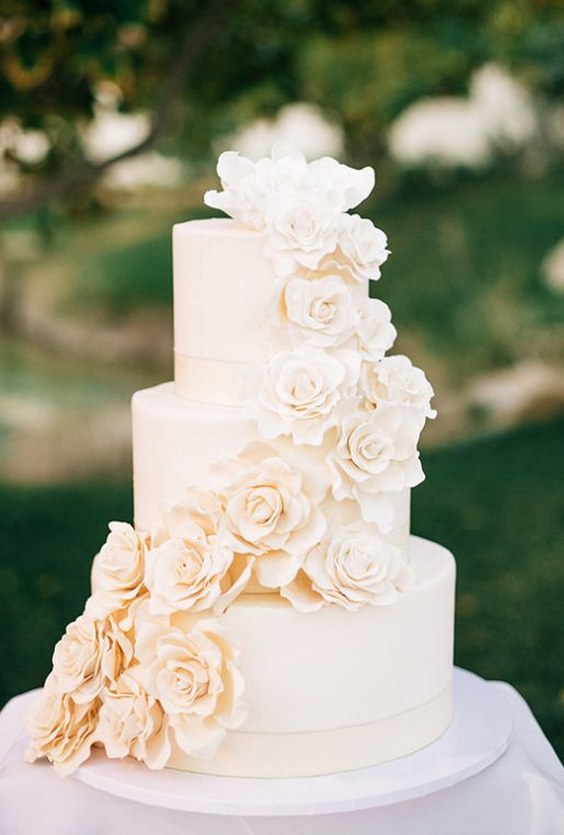 Simply elegant off-white three tier wedding cake wrapped with sugar flowers via Jenna Bechtholt Photography