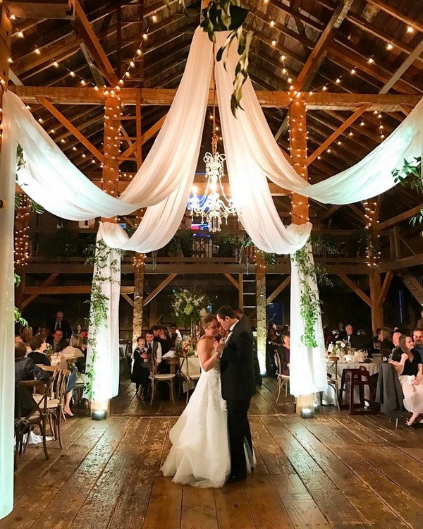 Best Wedding Reception Dance Songs - barn wedding reception ideas with draping fabric and lighting