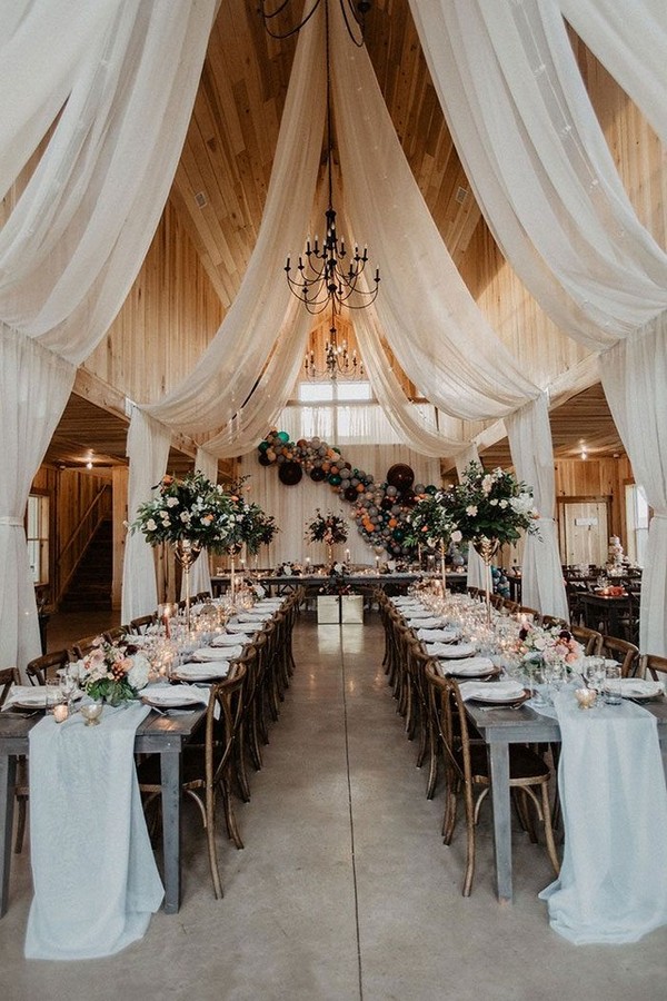 barn wedding reception ideas with draping fabric