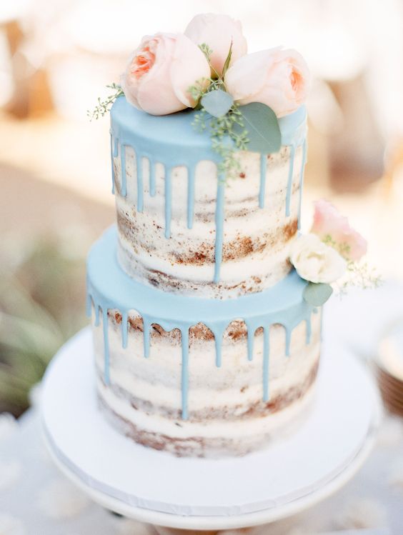 light blue and pink drip naked wedding cake