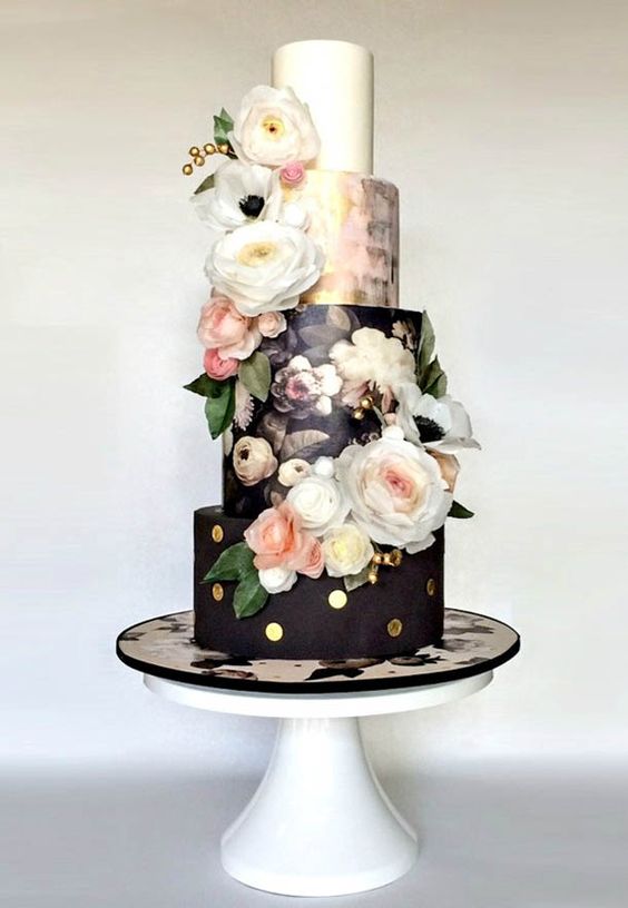 white and black printed wedding cake via The Cake Blog