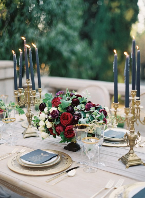 Autumn Wedding Centerpiece- navy, black, red and gold