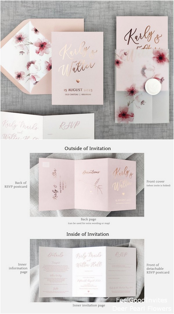 Dusty Pink & foil wedding invites with tear-off RSVP postcard and Vellum wrap