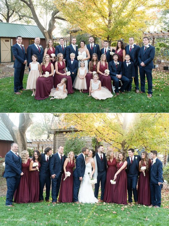 Maroon bridesmaids dresses navy groomsmen tux