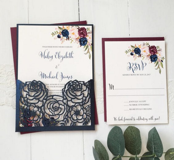 Navy and Burgundy Wedding Invitation