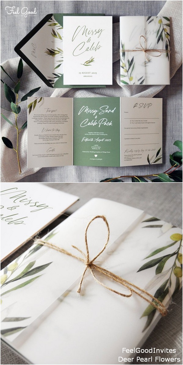 Olive Luxury Folding twine and Vellum wrap wedding invitations with tear-off RSVP postcard