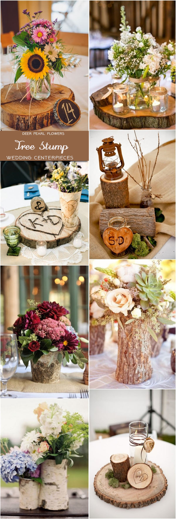 Rustic country tree stump wedding centerpieces