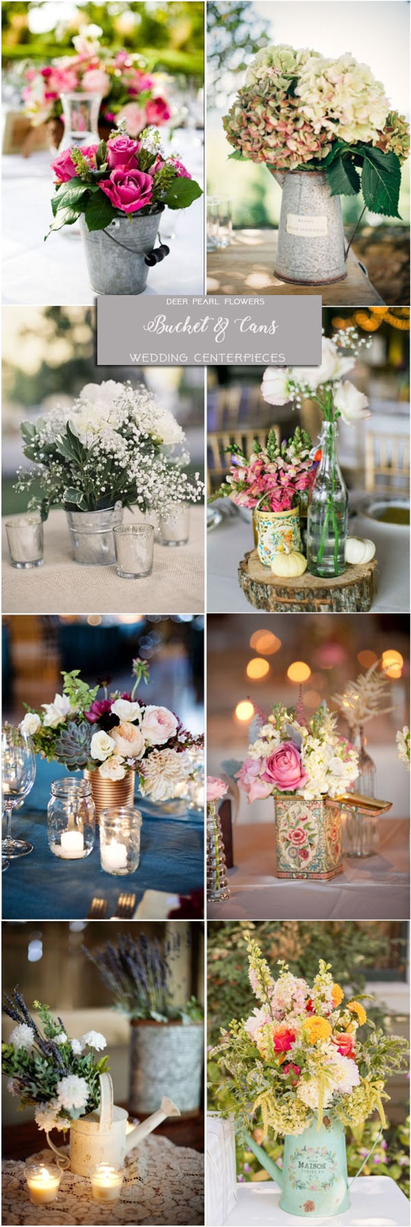Rustic farm bucket tin-can and watering-can wedding centerpieces