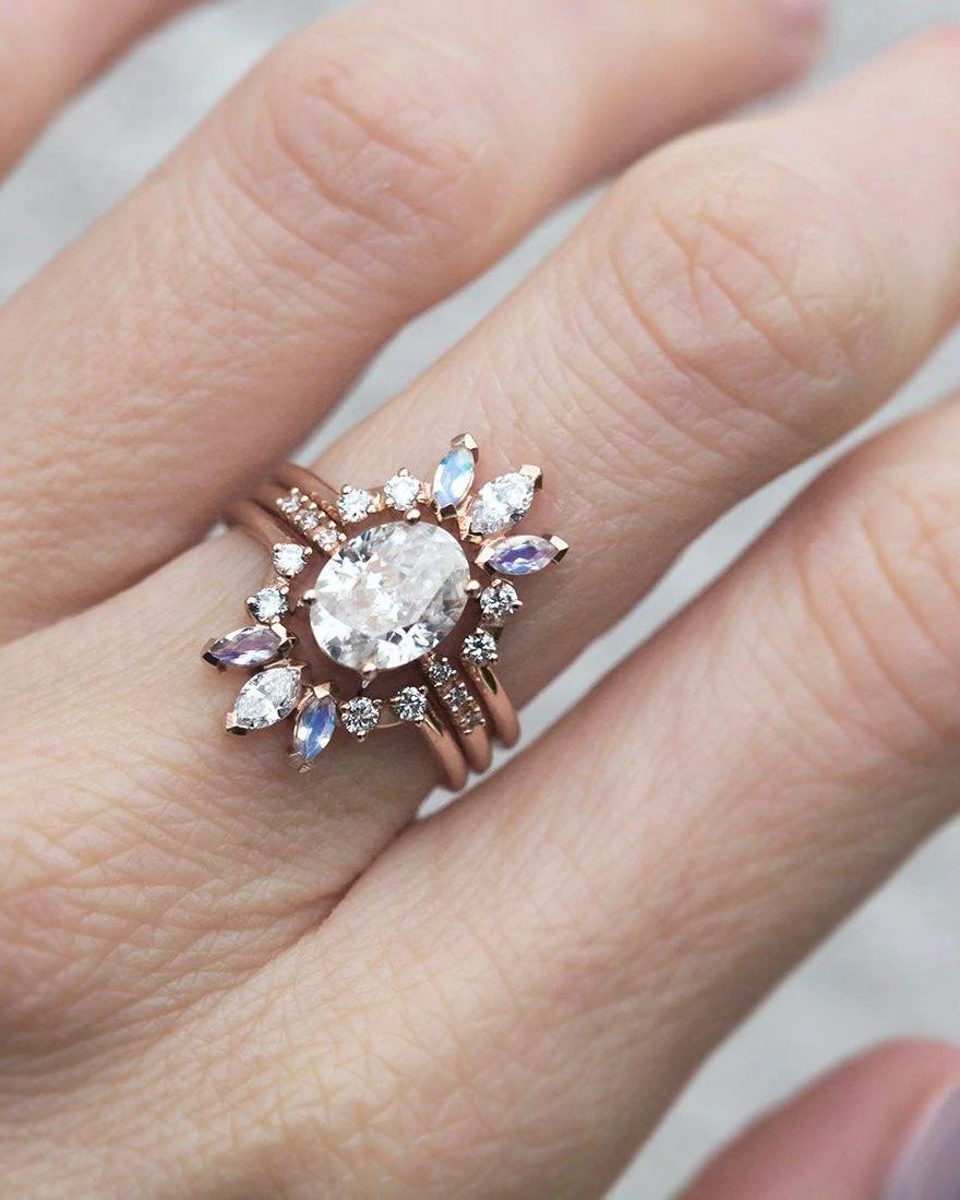 Vinage Elle Moissanite Diamond Moonstone 3 Engagement Ring Set