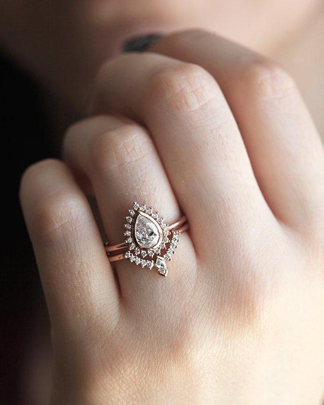 Vintage Moissanite and Diamond Rose Gold Engagement Ring Set 14k 2