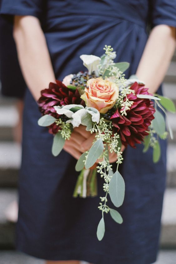 fall bridal bouquet with eucalyptus and burgundy dahlias