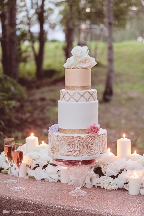 white and gold ruffled wedding cake