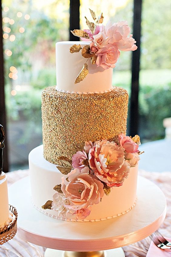 white gold and pink wedding cake via Kristen Weaver Photography