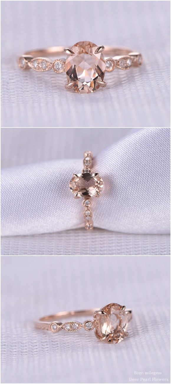 6x8mm Oval Cut Peach gemstone engagement ring
