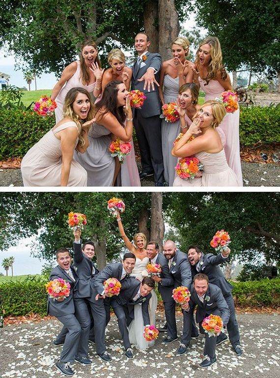 Funny wedding party photo ideas with bridesmaids and groomsmen