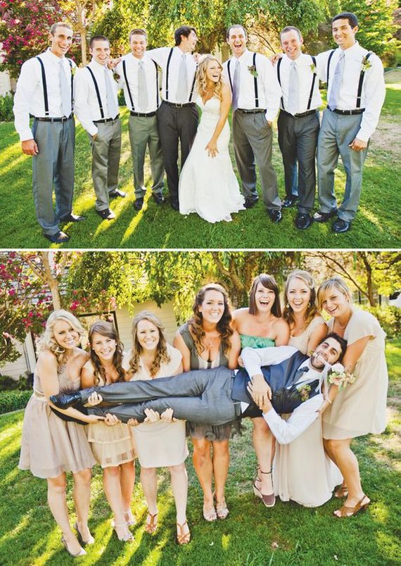 Funny wedding party photo ideas with bridesmaids and groomsmen