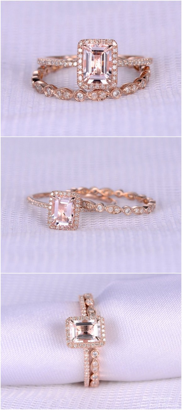 rose gold emerald wedding ring set