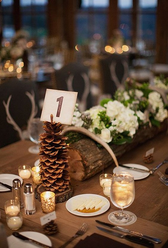 Put flowers in a log and stick table numbers into giant pinecones