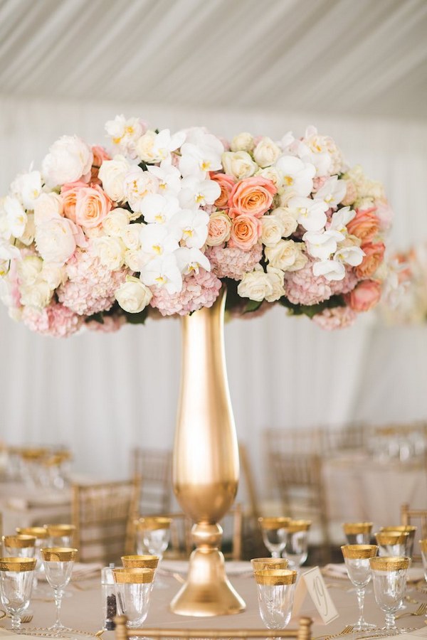blush and gold tall wedding centerpiece