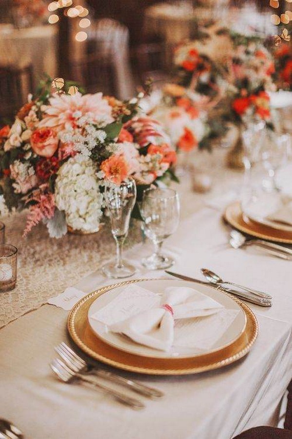 gold and peach orange wedding table decor