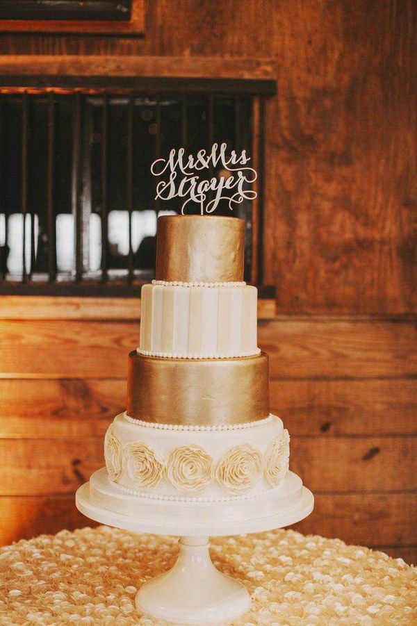 gold and white wedding cake